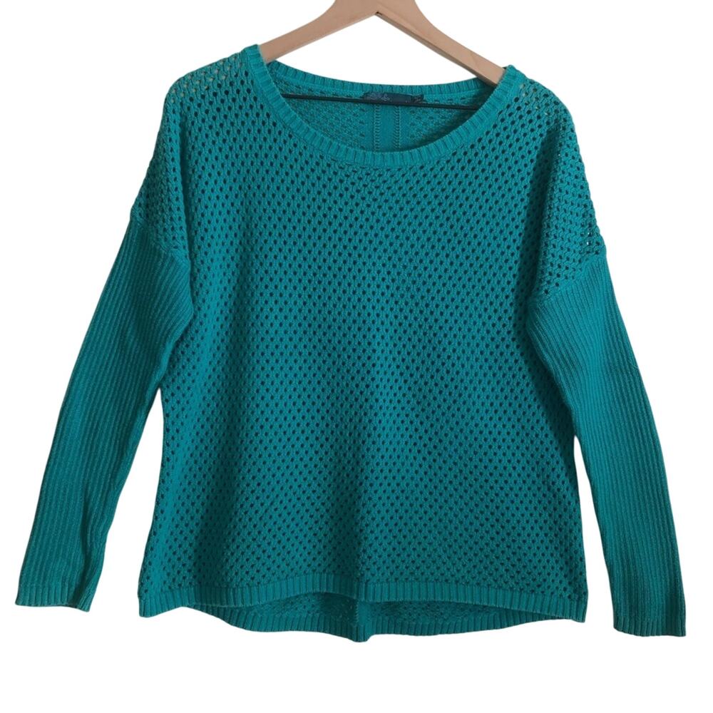 Prana Tidel Teal Blue Cozy Fall Parker Open Knit Long Sleeve Sweater Large